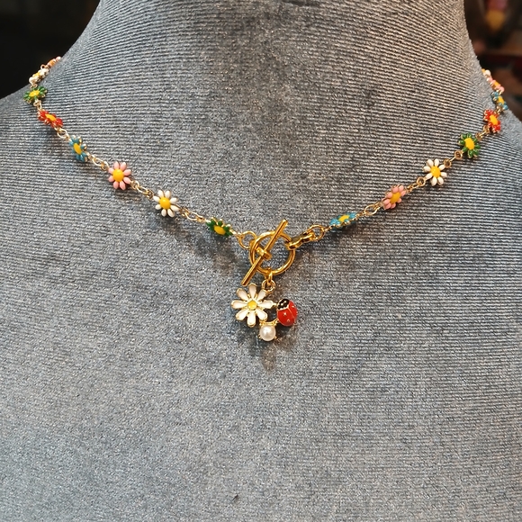 Jewelry - Gold Floral Daisy and Ladybug Charm Necklace - Multicolor